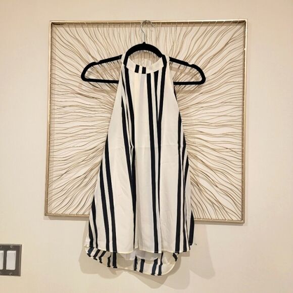 Anthropologie Bishop + Young Ivory Navy Striped High Neck Sleeveless Top Large - Picture 2 of 12